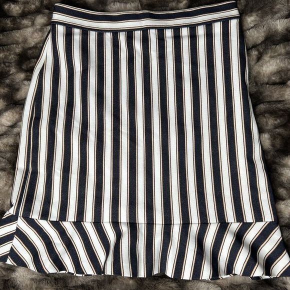 Ann Taylor Skirt Striped Black White Tan Knee Length Ruffle Career Size 4 Zipper - Picture 2 of 10